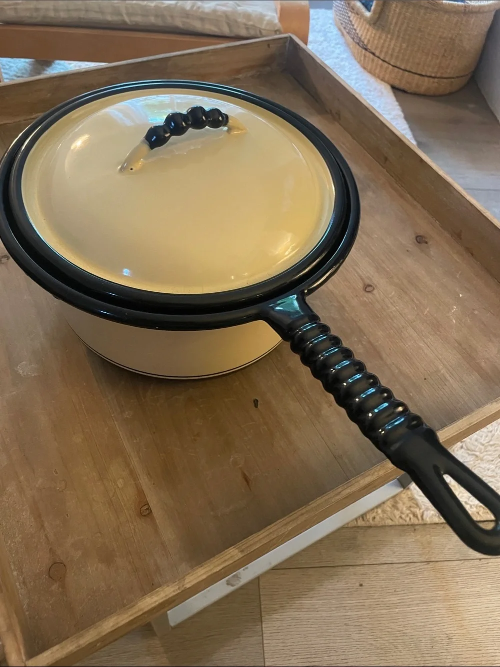 Black-Trim Cream Enamel Pam with Lid -  Kook King Vollrath  Kitchen Cookware